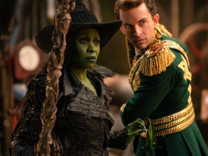 This image released by Universal Pictures shows Cynthia Erivo (left) and Jonathan Bailey in a scene from ‘Wicked: For Good’.
