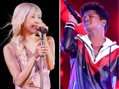 This collage shows Rosé (left) performing at the Global Citizen Festival in New York on September 27, and Bruno Mars performing at the 59th annual Grammy Awards in Los Angeles on February 12, 2017.