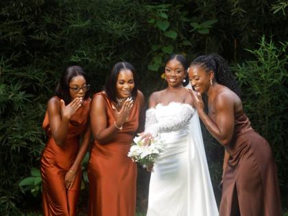 Jahnell (centre) shows off her ring to her bridesmaids (from left) Stevelle McDonald, Shanique McDonald, and Shantae McDonald, maid of honour.