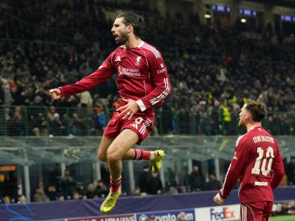 Liverpool’s Dominik Szoboszlai celebrates after scoring the only goal of a Champions League, league phase, football match against Inter Milan in Milan, Italy, yesterday.