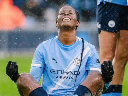 Manchester City’s Khadija Shaw celebrates scoring her 100th goal for club during a Women’s Super League game against Aston Villa at the Joie Stadium in Manchester, England, on Sunday.
