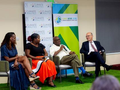 From left: Rueanna Haynes, director of Climate Analytics Caribbean; Abigail Ellis, Grenada’s national coordinator, Caribbean Youth Environment Network (CYEN); and Dr Spencer Thomas, Grenada’s ambassador and Special Envoy for Multilateral Environmental 