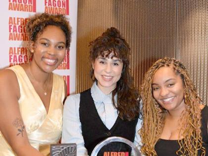 Award winners Thea Melton (left), Harry Mould (centre) and Amahra Spence hold their individual awards presented at the 29th Alfred Fagan Awards ceremony at the Dorfman Theatre, London.