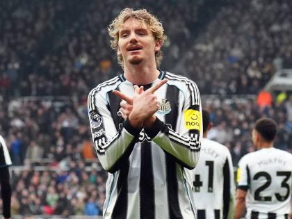 Newcastle's Nick Woltemade celebrates after scoring his side's second goal during the English Premier League soccer match between Newcastle United and FC Chelsea in Newcastle, England on December 20, 2025. 
