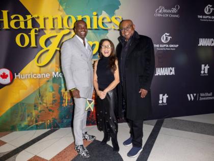 Minister of Tourism Edmund Bartlett (right) pauses for a photo opportunity ahead of the Harmonies of Hope relief concert with Dr Wes Hall, chancellor of the University of Toronto, and Dr Donette Chin-Loy Chang, chancellor of the Toronto Metropolitan Unive