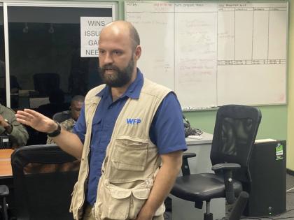 Cash Officer, World Food Programme (WFP), Lorenzo Nerantzis, addressing a recent meeting of the National Emergency Operations Centre (NEOC) at the Office of Disaster Preparedness and Emergency Management (ODPEM) in St Andrew.