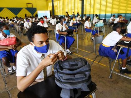 This 2020 photo shows students preparing to write exit examinations (CXC, NCTVET and City & Guilds) at Tarrant High School.