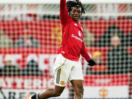  Manchester United’s Patrick Dorgu celebrates after scoring a goal during the English Premier League  match between Manchester United and Newcastle in Manchester, England, yesterday.
