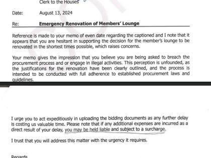 Excerpt from an August 13, 2024 internal memo by Clerk Colleen Lowe, obtained by The Sunday Gleaner, outlining her position on procurement apparent concerns related to the Members’ Lounge renovation.