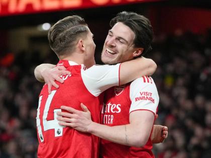 
Arsenal’s Viktor Gyoekeres (left) and teammate Declan Rice celebrate after Brighton’s Georginio Rutter scored an own goal during the English Premier League football match against Brighton and Hove Albion in London yesterday.