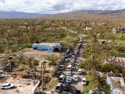 This aerial photo shows a traffic gridlock in Lacovia, St Elizabeth after Hurricane Melissa hit in October.