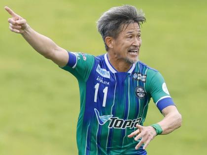 Japanese forward Kazuyoshi Miura of Suzuka plays in a JFL football match against Oita in Suzuka, central Japan, on July 14, 2024. 