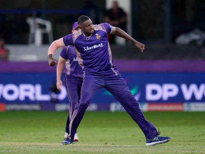 Jason Holder of Abu Dhabi Knight Riders celebrates a wicket during Eliminator of the DP World International League T20 between Dubai Capitals and Abu Dhabi Knight Riders at Dubai International Cricket Stadium, Dubai, United Arab Emirates on  January 1, 202