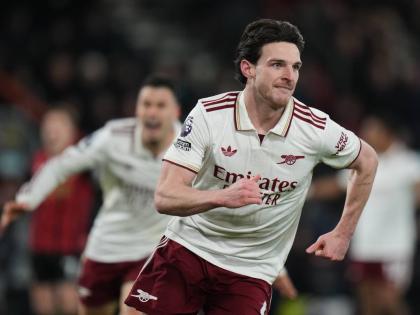 
Arsenal’s Declan Rice celebrates after scoring his side’s second goal during an English Premier League football match against Bournemouth in Bournemouth, England, yesterday.