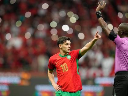 Morocco’s Brahim Diaz celebrates during the Africa Cup of Nations round-of-16 match between Morocco and Tanzania in Rabat, Morocco, yesterday.  Diaz scored the 64th-minute winner in Morocco’s 1-0 victory. 