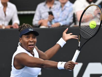 Venus Williams hits a backhand to Magda Linette during an ASB Classic Women’s Tennis Tournament singles match in Auckland, New Zealand yesterday.