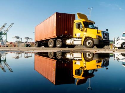 A truck departs from a Port of Oakland shipping terminal on November 10, 2021 in Oakland, California. AP
