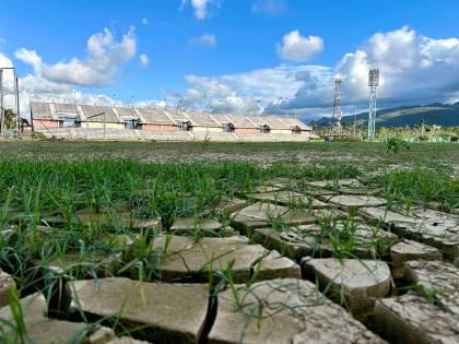 A section of the damaged football surface at Montego Bay Sports Complex.