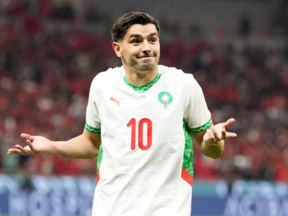 Morocco’s Brahim Díaz celebrates after scoring his side’s opening goal during the Africa Cup of Nations quarterfinal  match between Cameroon and Morocco, in Rabat, Morocco yesterday.