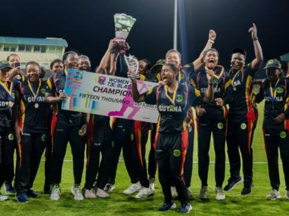 Guyana women celebrate the T20 Blaze they won last year.