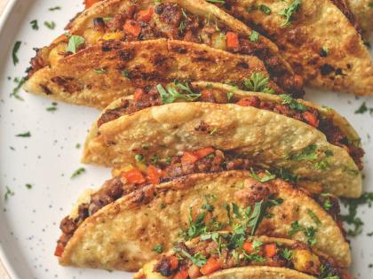 Tacos dorados de picadillo, from the cookbook ‘Plantas: Modern Vegan Recipes for Traditional Mexican Cooking’ by Alexa Soto.