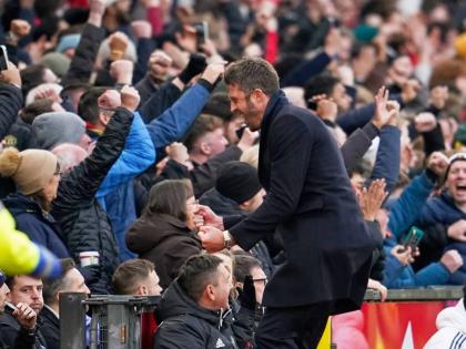 
Manchester United’s head coach Michael Carrick celebrates during an English Premier League football match against Manchester City, in Manchester, England, yesterday.