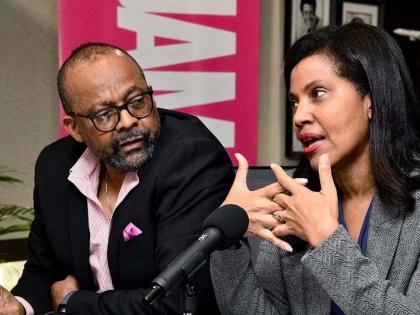 Director of Tourism Donovan White (left) looks on as Chair of the Jamaica Product Exchange (JAPEX) Planning Committee, Nicola Madden-Greig, responds to a question, during the launch of JAPEX 2025 last September at the Jamaica Tourist Board (JTB)) in New Ki