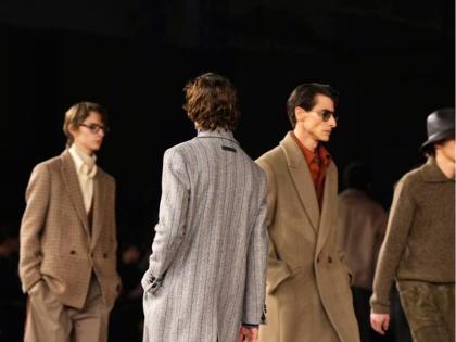 Above: The Zegna show, themed ‘A Family Closet’, was held under the Art Nouveau dome of Milan’s Palazzo del Ghiaccio and featured hues of honey, matte black, stone, olive and chestnut.