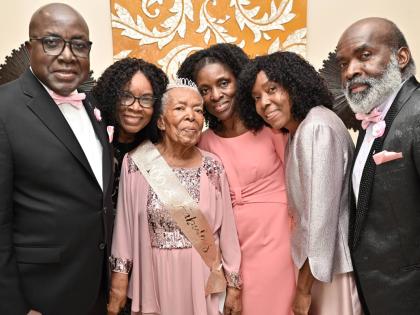 Henrietta A. Williams (third left), popularly known as ‘Miss Heady’, celebrated her 100th birthday with her children (from left) George Williams, Paulette Williams, Janet Williams, Laurice Haye, and Melbourne Williams at her 100th birthday celebration 