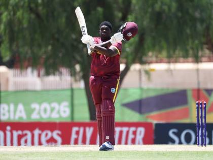 Zachary Carter of West Indies celebrates after reaching his century during the ICC U19 Men’s Cricket World Cup 2026 match against South Africa at the High Performance Oval in Windhoek, Namibia, yesterday.