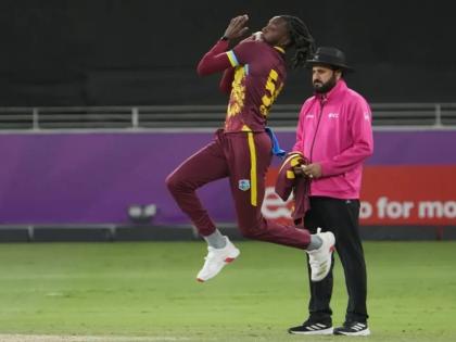 West Indies pacer Shamar Springer gets ready to deliver during the third T20I against Afghanistan at the Dhubai International Stadium yesterday. Springer ended with figures of 4-20 to lead West Indies to an unlikely victory.