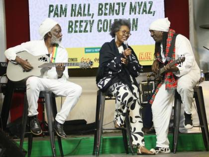 From left, Beezy Coleman, Pam Hall and Benjy Myaz performing at JaRIA tribute Remembering the Crown Prince Dennis Brown on February 1 at the Edna Manley College of Visual and Performing Arts in Kingston.