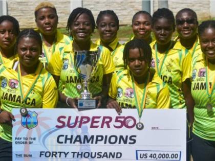 Jamaica Women dethroned Trinidad and Tobago Women to lift the regional Super50 Cup title. Holding the championship trophy is captain Rashada Williams (front, centre).