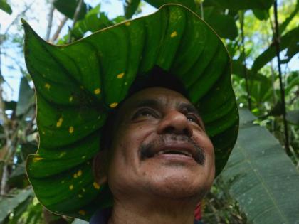 Ramón Pucha demonstrates how to turn a leaf into a hat to protect himself from the sun while looking for seeds to grow on his family’s farm.