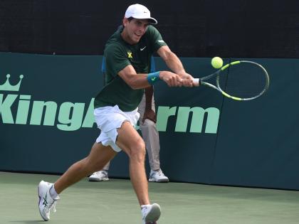 Jamaica’s top player Blaise Bicknell in action against  Franco Roncadelli of Uruguay during their Davis Cup tie at the Liguanea Club in New Kingston yesterday. Roncadelli won 6-3, 5-7, 6-4.