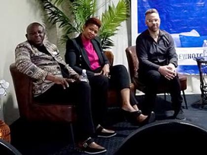 Josh Morgerman (right), fields questions from the fireside chat audience, along with the Golf View team, Kemilee Mclymont-Campbell (centre), co-owner; and Dr. Richard Smith, general manager.