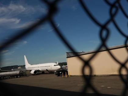 A US Immigration and Customs Enforcement flight operates out of King County International Airport-Boeing Field, August 23, 2025, in Seattle.