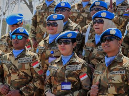 Indonesian UN peacekeepers attend a ceremony to mark the 47th anniversary of UNIFIL Establishment Day, at the United Nation Peacekeepers headquarters in the southern Lebanese town of Naqoura, Lebanon, in March. 