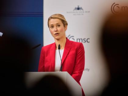 European Union foreign policy chief Kaja Kallas speaks during the Munich Security Conference.