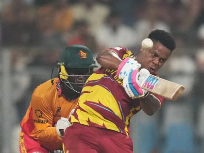 West Indies’ Shimron Hetmyer hits a six during the T20 World Cup cricket match against Zimbabwe in Mumbai, India, on Monday, February 23, 2026.
