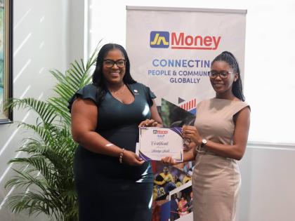 Sanya Wallace-Innerarity (left), assistant general manager for strategy, marketing and sales at JN Money Services, with Shantoya Smikle.