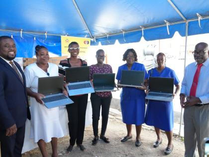From left: Donmayne Gyles, chief executive officer of Andrews Memorial Hospital; Erica Myers, infection control and prevention nurse at Black River Hospital; Diana Brown-Miller, chief executive officer of Black River Hospital; Jodi-Ann Porter, senior custo