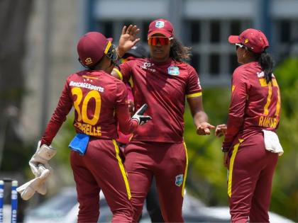 West Indies Women’s captain Hayley Mathews (centre) is congratulated by wicketkeeper Shemaine Campbelle and Karishma Ramharack.