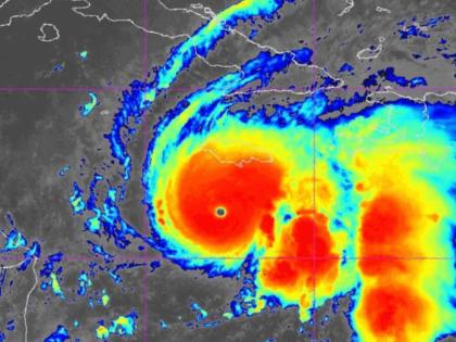 A satellite image shows the symmetrical eye of Category 5 Hurricane Melissa south of Jamaica in October 2025, revealing the storm’s explosive intensification. (NOAA Photo)