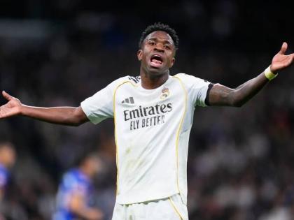 Real Madrid’s Vinicius Junior reacts during a Spanish La Liga match between Real Madrid and Getafe in Madrid, Spain, on Monday, March 2, 2026.
