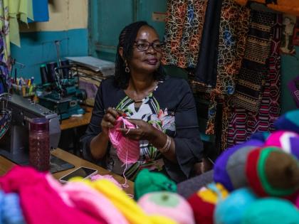 Mary Mwangi, 52, a breast cancer survivor, knits breast prostheses at her shop in Thika, Kiambu County, Kenya, January 30, 2026. 
