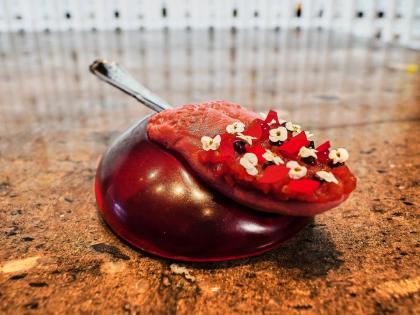 A dish named “Tongue Kiss” served at restaurant Alchemist in Copenhagen, Denmark.