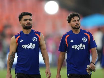 AP 
India’s Rinku Singh (left) and Kuldeep Yadav during a practice session ahead of the T20 World Cup cricket final match against New Zealand in Ahmedabad, India yesterday.