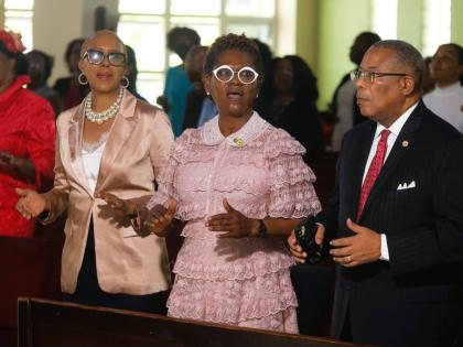 (From left) Minister of Finance and the Public Service, Fayval Williams, Marcia Bent, CBFFAJ president and Anthony Hylton, opposition spokesman on trade, industry and global logistics at the CBFFAJ 60th Anniversary Church Service.