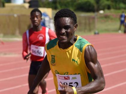 Andrew Gilipps of St Jago High winning section 8 of the Class One 100 metres during a JAAA/ISSA Last Chance qualifying track meet at the Stadium East in 2021.